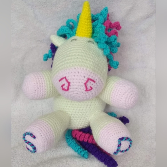 Unicorn plush. Curlicue mane, tail. Customizable initials, colors! Artisan made - Picture 7 of 15